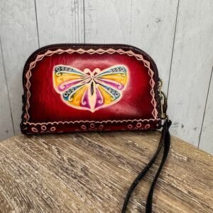 Genuine Leather Butterfly Wristlet Wallet Leather Hand Painted Purse FAST SHIP